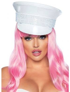 White Gloss Peaked Military Style Festival Hat with Silver Rhinestones