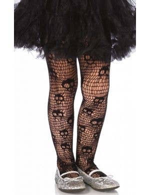 Girls Black Net Skull Halloween Full Length Stockings