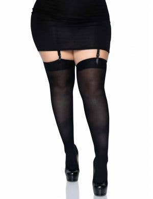 Plus Size Black Opaque Thigh High Costume Stockings - Main Image
