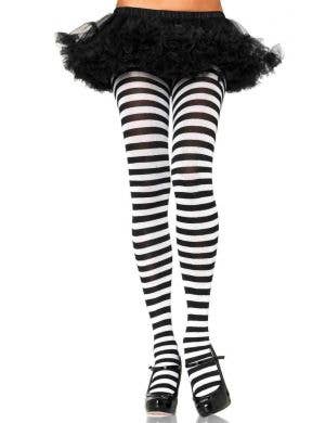 Women's Black and White Striped Full Length Halloween Pantyhose