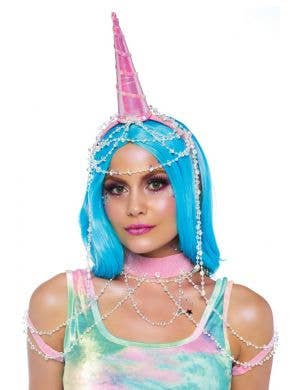 Women's Pink Shimmer Unicorn Horn on Headband and Shoulder Harness Accessory Kit