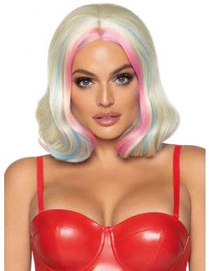 Short Blonde Harley Quinn Women's Costume Wig with Pink and Blue Streaks - Front Image