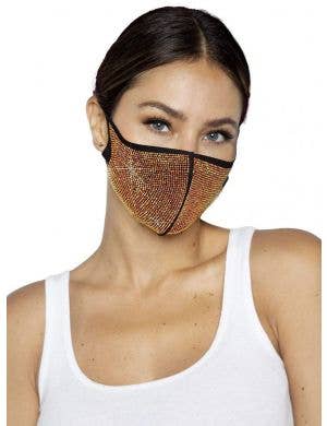 Black Face Mask with Gold Sparkly Rhinestones - Front Image