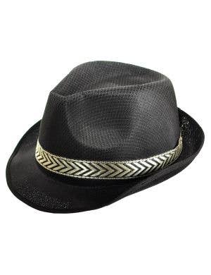 Image of Woven Black Fedora Costume Hat with Gold Band - Main Image
