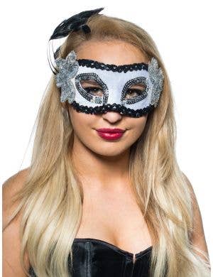 Women's Black And White Feather Spray Masquerade Mask
