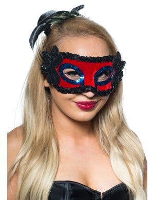 Red And Black Side Feather Women's Masquerade Mask View 2