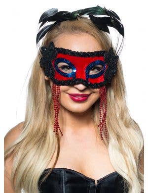 Feather Spray Masquerade Mask in Red and Black