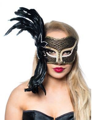 Women's Gold Side Feather Masquerade Mask Main Image