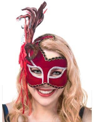 Red Velvet Masquerade Mask With Side Feathers View 1