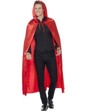 Image of Long Red Satin Men's Costume Cape with Hood