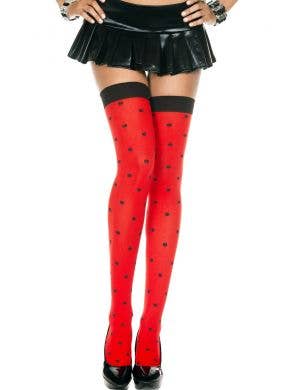 Red Thigh High Stockings with Black Polka Dots