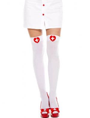 White Thigh High Stockings with Red and White Heart Nurse Crosses