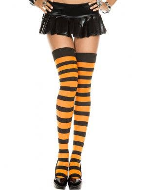 Black And Orange Striped Thigh High Witch Costume Stockings