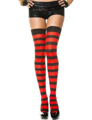 Mavis Womens Striped Thigh High Stockings Black and Red Hosiery - Main Image