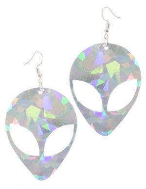 Large Holographic Silver Alien Costume Earrings