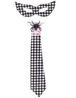 Black and Silver Check Tie and Mask with Spider Embellishment