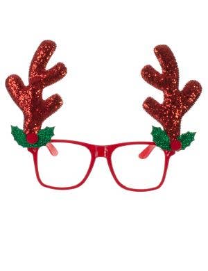 Image of Sparkly Red Glitter Reindeer Antlers on Red Glasses