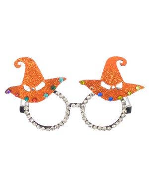 Image of Jewelled Orange Glitter Witch Hat Halloween Costume Glasses
