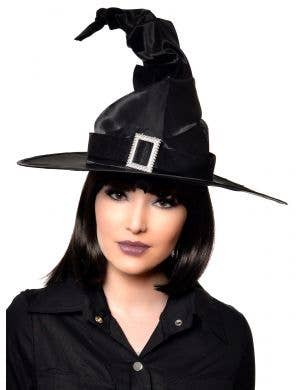 Black Satin Crooked Witch Hat with Buckle Halloween Costume Accessory