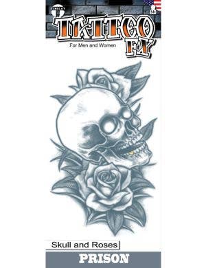 Image of Skull and Roses Temporary Prison Costume Tattoo