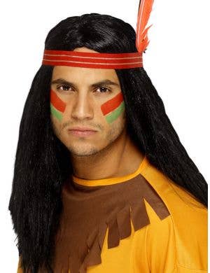 American Indian Men's Long Black Costume Wig with Red Headband and Feather