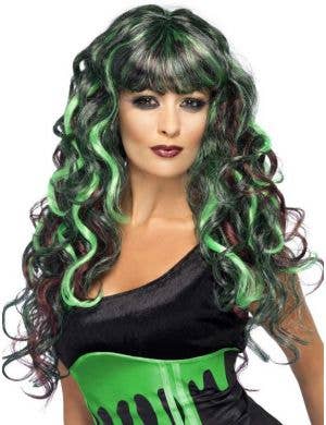 Long Curly Black and Green Streaked Women's Halloween Costume Wig 