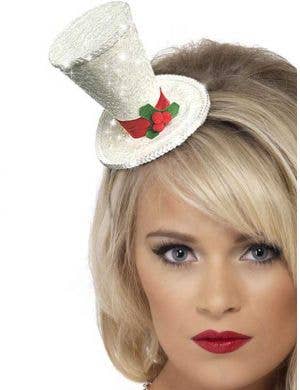 Mini White Glitter Christmas Top Hat Costume Headband