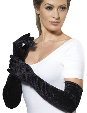 Long Black Elbow Length Women's Velveteen Costume Gloves - Main Image