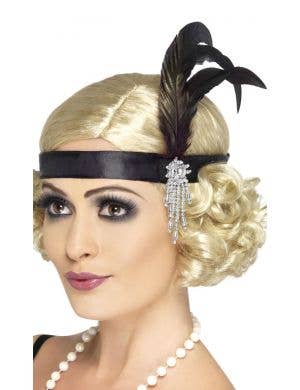 Women's 1920 Flapper Black Satin and Feather Charleston Headband