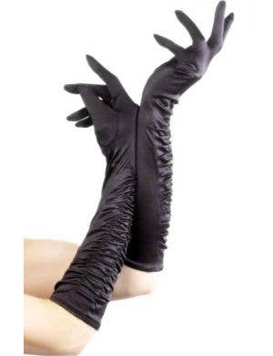 Long Black Satin Side Ruche Costume Gloves
