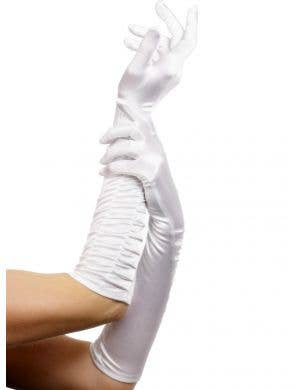 Long White Satin Side Ruche Costume Gloves