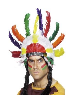Adult's Native Indian Inspired Multicoloured Feather Headdress Costume Accessory Main Image
