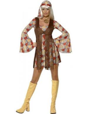 Women's 70's Fringed Hippie Fancy Dress Costume Front View