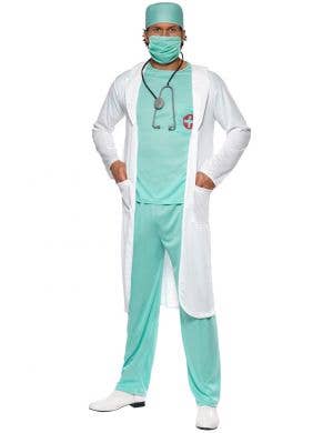 Mens Scrubs And Lab Coat Fancy Dress Doctor Costume - Main Image