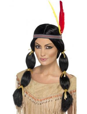 American Indian Women's Long Black Braided Pigtails Costume Wig with Headband and Feather