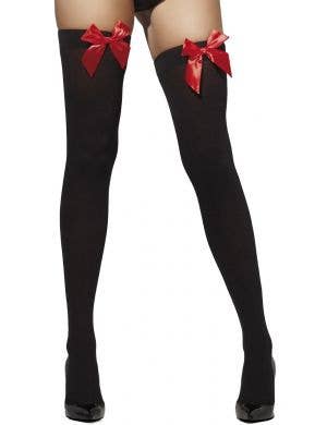 Women's Black Opaque Hold Up Thigh High Stockings With Red Satin Bows Main Image