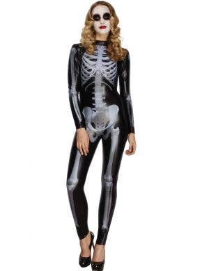 Skeleton Print Wet Look Catsuit Halloween Costume Main Image