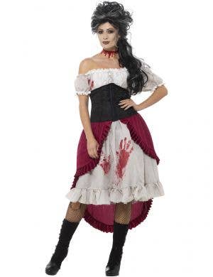 Women's Victorian Slasher Victim White, Maroon and Black Halloween Costume - Front Image