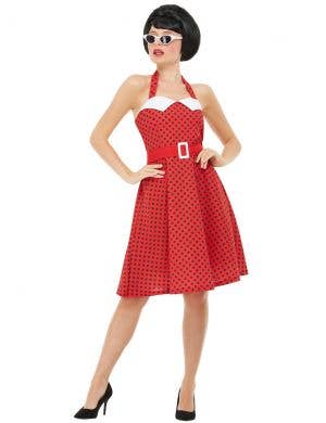 Womens Red Polka Dot Rockabilly 50s Dress Up Costume - Front Image