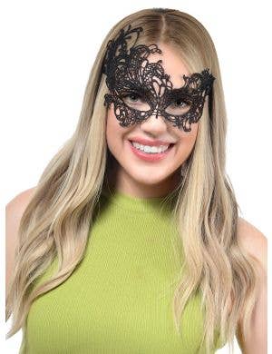 Womens Black Lace Asymmetrical Masquerade Ball Mask - Main Image