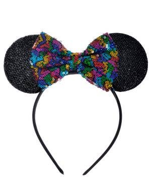 Image of Minnie Mouse Ears with Rainbow Sequin Bow Headband - Main Image
