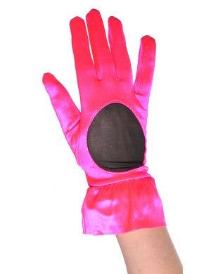 Women's 80's Hot Pink Satin and Black Mesh Wrist Length Costume Gloves