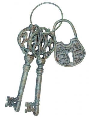 2 Large Rusty Olden Day Keys and Padlock on Ring Halloween Accessory