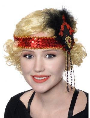 Women's Deluxe Red and Black Flapper Headband with Sequins and Glitter - Main Image