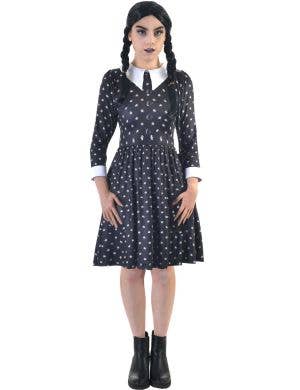 Image of Wednesday Addams Teen Girl's Halloween Costume and Bag - Front View