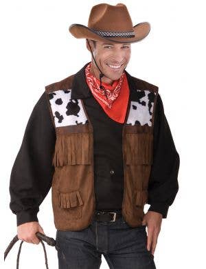 Mens Red Indian Native American Cowboys Fancy Dress Costume Brown Suede look 3pc