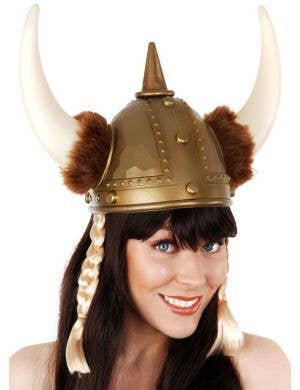 Gold Viking Shield Maiden Costume Helmet with Attached Blonde Plaits - Main View