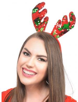 Reversible Red and Green Sequin Antler Headband
