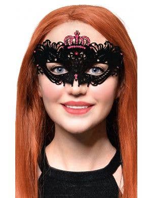 Black Flocked Finish Lacy Look Princess Masquerade Mask with Pink Diamante Main Image