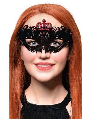 RED Black Flocked Finish Lacy Look Princess Masquerade Mask with Red Diamantes Main Image
